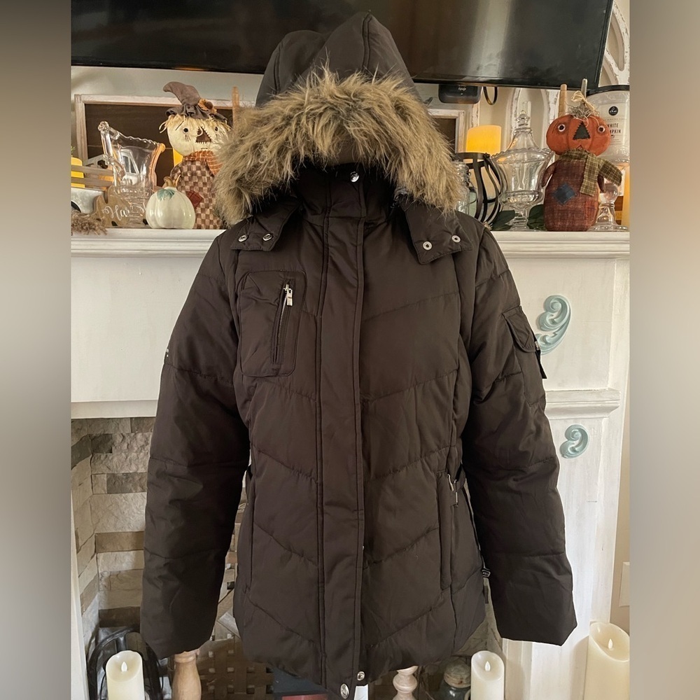 Free Country power down series coat Brown with fur lined zip off hat Size S EUC